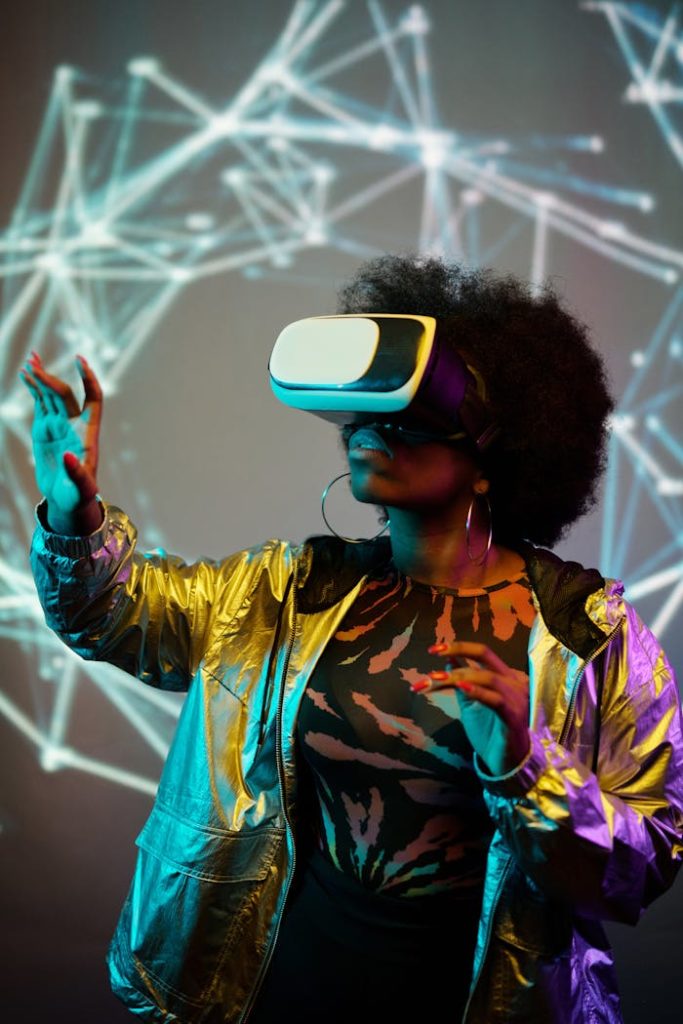 pexels-photo-4389890 Black woman wearing VR headset, exploring virtual metaverse with illuminated patterns.